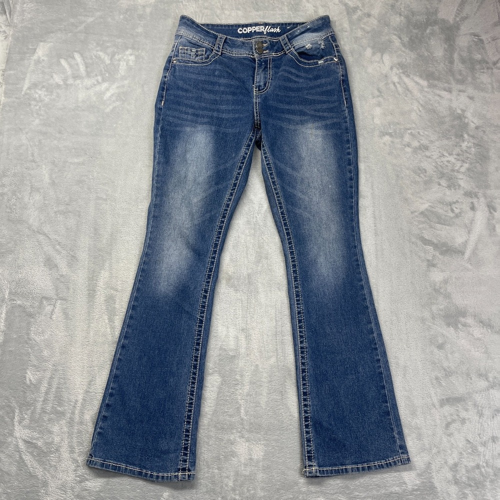 Copper Flash Curvy Bootcut Jeans Womens 6 (30x31) Blue Rhinestones Y2k Outdoor